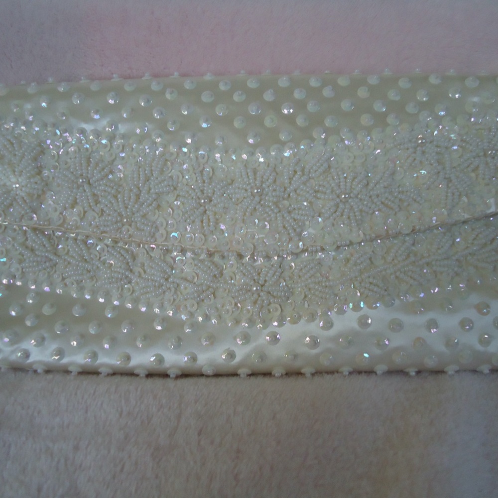 Vintage Satin ivory floral beaded clutch purse